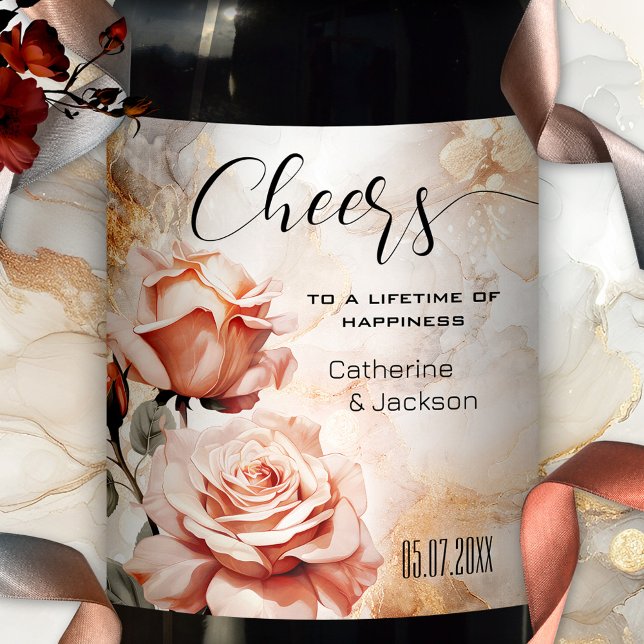 Étiquette Pour Bouteilles De Vin Mariage Boho Glam rose Roses (An elegant wedding wine label featuring pink roses on a veined artistic background)