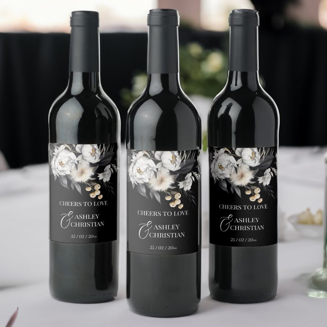 Étiquette Pour Bouteilles De Vin Mariage Boho noir et blanc personnalisé (Black and white boho wedding personalized wine label )
