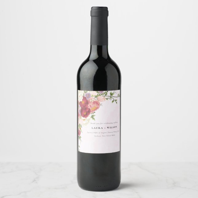 Étiquette Pour Bouteilles De Vin Mariage Boho rouge rose vif Fleurs blanches (Devant)