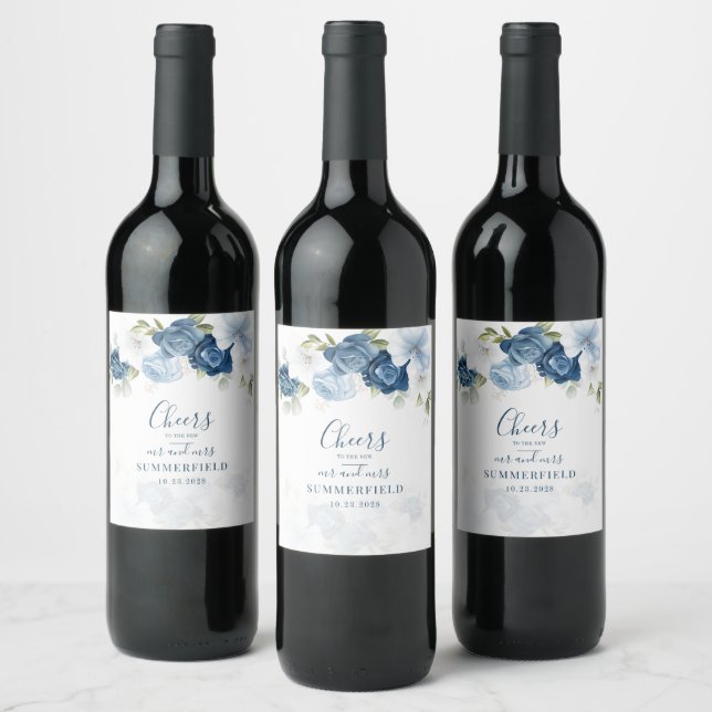 Étiquette Pour Bouteilles De Vin Mariage Botanique Fleurs et Feuillage Bleu Poussiè (Bouteilles)