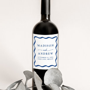 Étiquette Pour Bouteilles De Vin Mariage Cadre Moderne Bleu Ondulé
