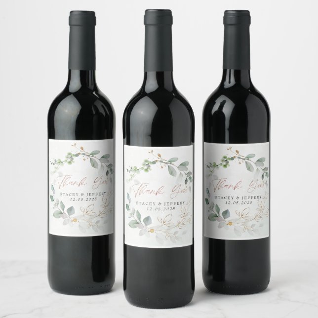 Étiquette Pour Bouteilles De Vin Mariage Calligraphié Or Eucalyptus Rustique (Bouteilles)