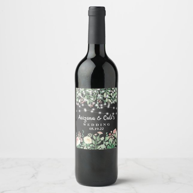 Étiquette Pour Bouteilles De Vin Mariage Chalkboard Floral Bois (Devant)