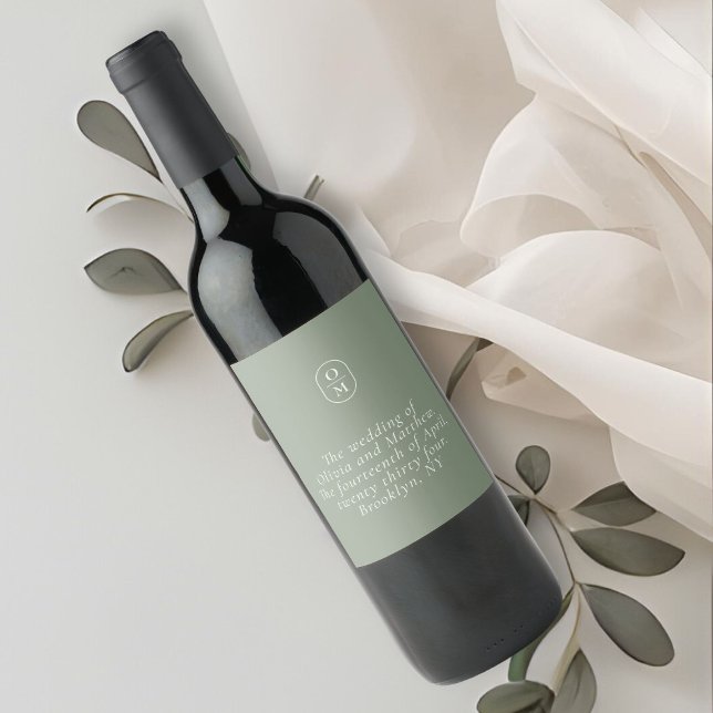 Étiquette Pour Bouteilles De Vin Mariage Chic Vert Sauge Monogramme (Créateur téléchargé)