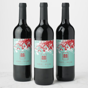 Étiquette Pour Bouteilles De Vin Mariage chinois Turquoise Bambou Feuille Double Xi
