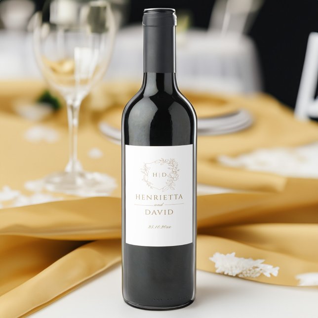 Étiquette Pour Bouteilles De Vin Mariage crête botanique or élégant monogramme (Créateur téléchargé)