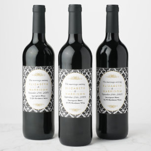 Étiquette Pour Bouteilles De Vin Mariage Damassé Or Vintage, Noir & Blanc