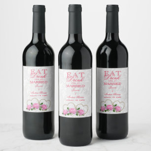 Étiquette Pour Bouteilles De Vin Mariage Damassé Perles Cœurs & Roses