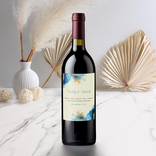 Étiquette Pour Bouteilles De Vin Mariage d'aquarelle bleu et or Abstrait (Créateur téléchargé)