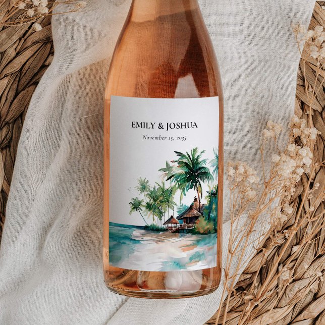 Étiquette Pour Bouteilles De Vin Mariage d'aquarelle de plage Tropical (Créateur téléchargé)