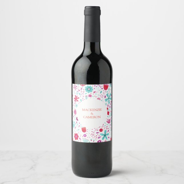 Étiquette Pour Bouteilles De Vin Mariage d'aquarelle florale (Devant)