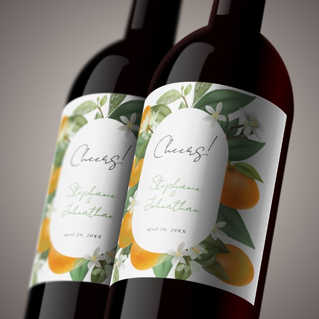 Étiquette Pour Bouteilles De Vin Mariage d'aquarelle mandarin orange (Mandarin Orange Watercolor Wedding Wine Label)