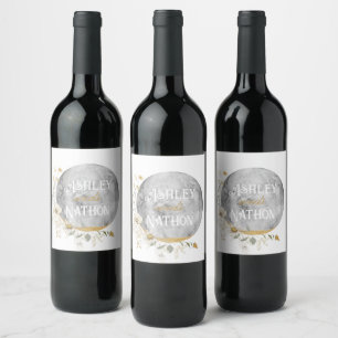 Étiquette Pour Bouteilles De Vin Mariage d'aquarelle or Pleine lune Fleur sauvage