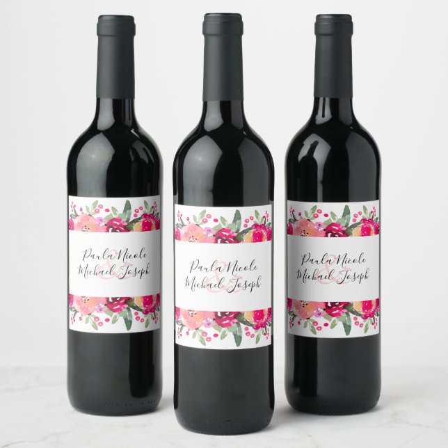 Étiquette Pour Bouteilles De Vin Mariage d'aquarelle rose chaud (Bouteilles)