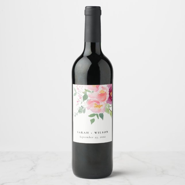 Étiquette Pour Bouteilles De Vin Mariage d'aquarelle Rose rose-bleu (Devant)