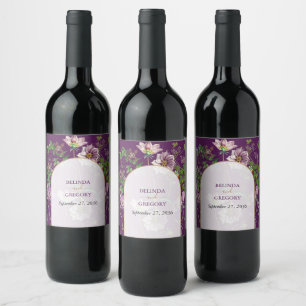Étiquette Pour Bouteilles De Vin Mariage d'arc doré fleuri violet