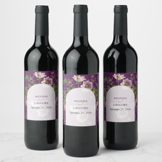 Étiquette Pour Bouteilles De Vin Mariage d'arc doré fleuri violet (Bouteilles)