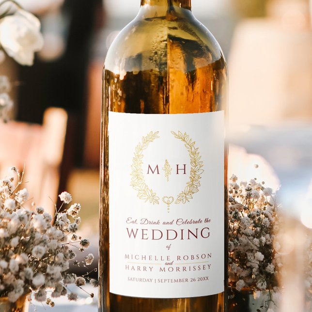 Étiquette Pour Bouteilles De Vin Mariage d'art en monogramme en feuille d'or rouge  (Créateur téléchargé)