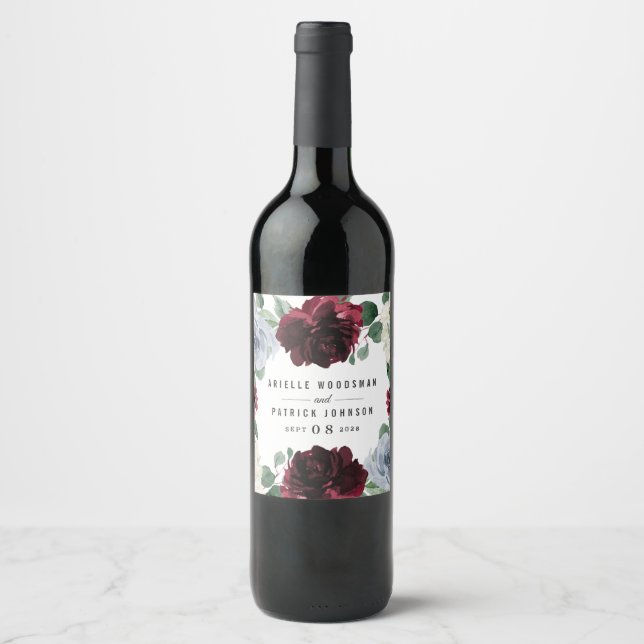 Étiquette Pour Bouteilles De Vin Mariage de automne de canneberge bleu et bordeaux (Devant)