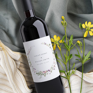 Étiquette Pour Bouteilles De Vin Mariage de cadre circulaire Fleur sauvage rose vif