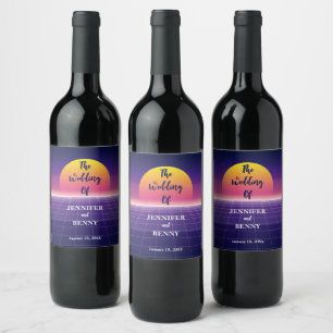 Étiquette Pour Bouteilles De Vin Mariage de coucher de soleil Neon Purple dans les