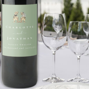 Étiquette Pour Bouteilles De Vin Mariage de Dinosaures Vert Sauge & Blanc Personnal