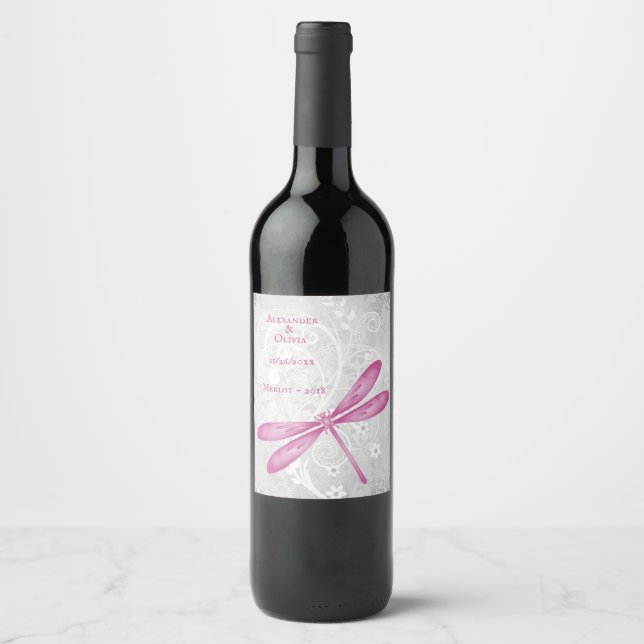 Étiquette Pour Bouteilles De Vin Mariage de dragonfly Magenta Étiquette de vin (Devant)