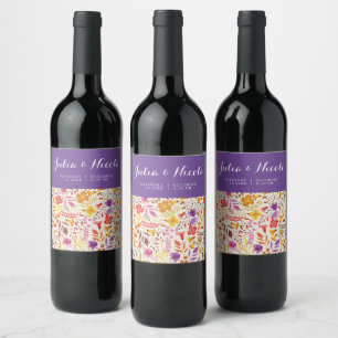 Étiquette Pour Bouteilles De Vin Mariage de feuillage de Fleur sauvage Boho violet