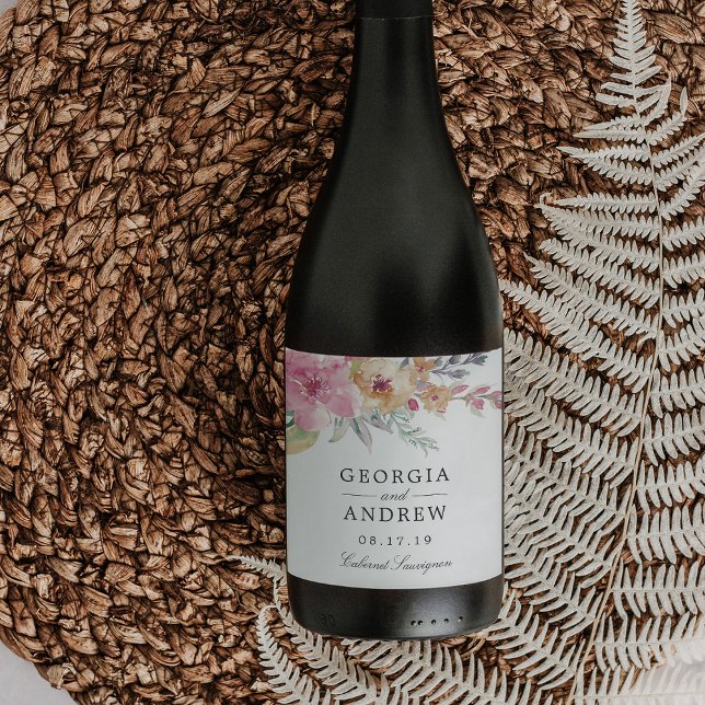 Étiquette Pour Bouteilles De Vin Mariage de fleurs peintes (Créateur téléchargé)