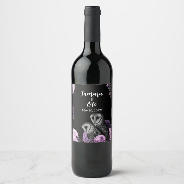 Étiquette Pour Bouteilles De Vin Mariage de Hiboux Gothiques (Devant)