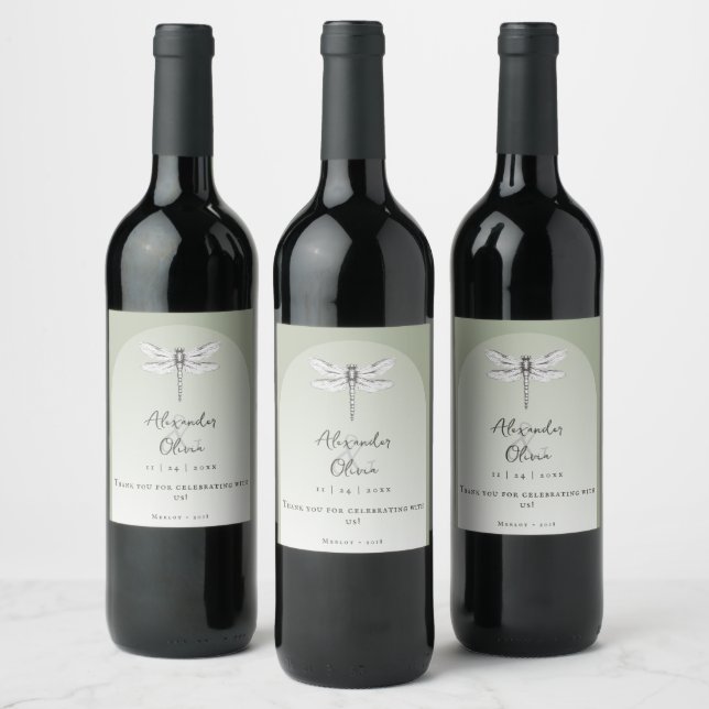 Étiquette Pour Bouteilles De Vin Mariage de libellules de Sage Green (Bouteilles)