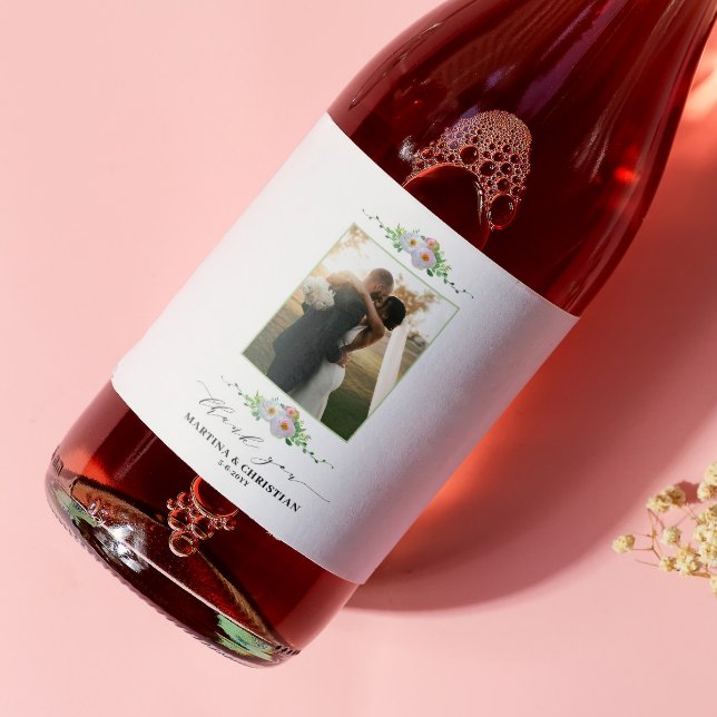 Étiquette Pour Bouteilles De Vin Mariage de Merci de photos florales (Créateur téléchargé)