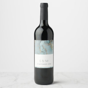 ÉTIQUETTE POUR BOUTEILLES DE VIN MARIAGE DE MONOGRAMME D'AGATE D'OR BLEU DUSKY AQUA