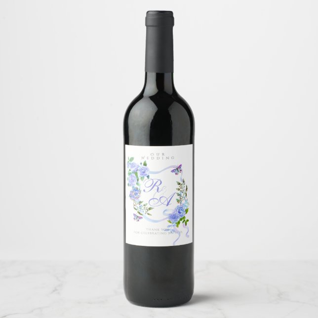 Étiquette Pour Bouteilles De Vin Mariage de monogramme de ruban bleu (Devant)