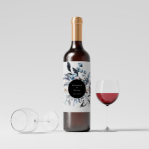 Étiquette Pour Bouteilles De Vin Mariage de monogramme Floral d'hiver bleu-froid