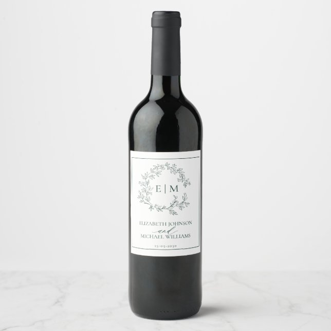 Étiquette Pour Bouteilles De Vin Mariage de monogramme vert émeraude moderne (Devant)