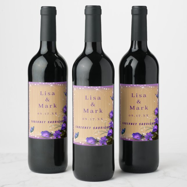Étiquette Pour Bouteilles De Vin Mariage de papillon floral violet en bois rustique (Bouteilles)