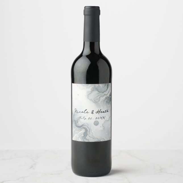 Étiquette Pour Bouteilles De Vin Mariage de plage aquarelle Bleu Gris & Or (Devant)