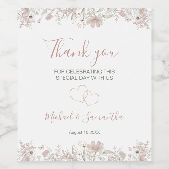 Étiquette Pour Bouteilles De Vin Mariage de printemps de Fleur sauvage Blush et Sag (Étiquettes simples)