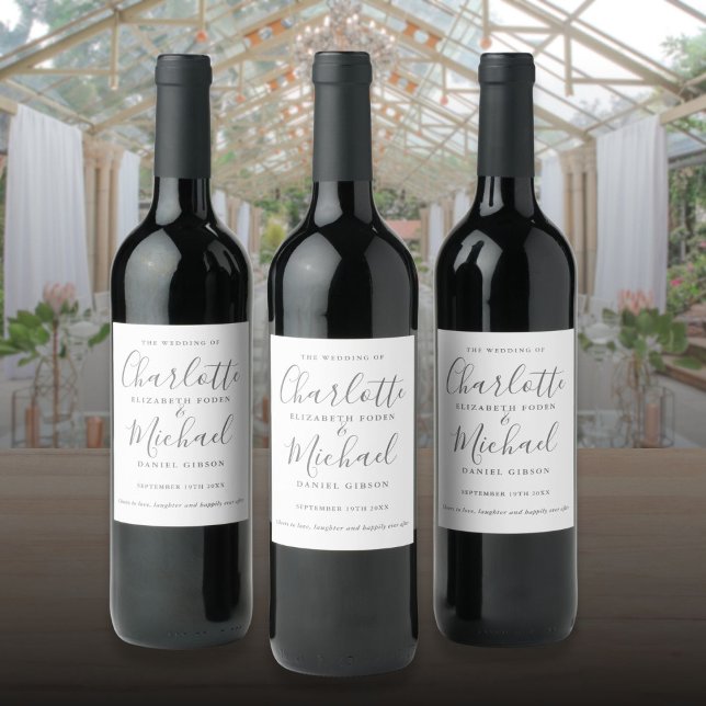 Étiquette Pour Bouteilles De Vin Mariage de script de signature gris et blanc (Gray And White Signature Script Wedding Wine Label)