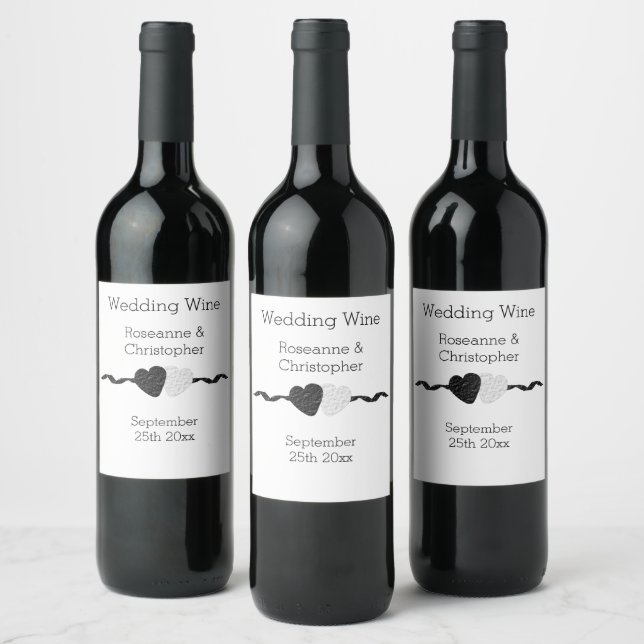 Étiquette Pour Bouteilles De Vin Mariage Design Coeurs Noir Et Blanc (Bouteilles)