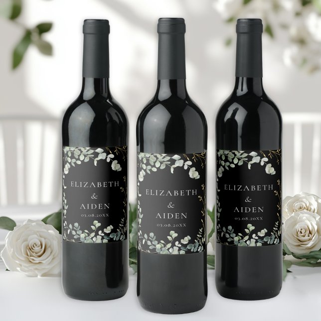 Étiquette Pour Bouteilles De Vin Mariage d'eucalyptus (Eucalyptus Wedding Wine Label with your name and date.)