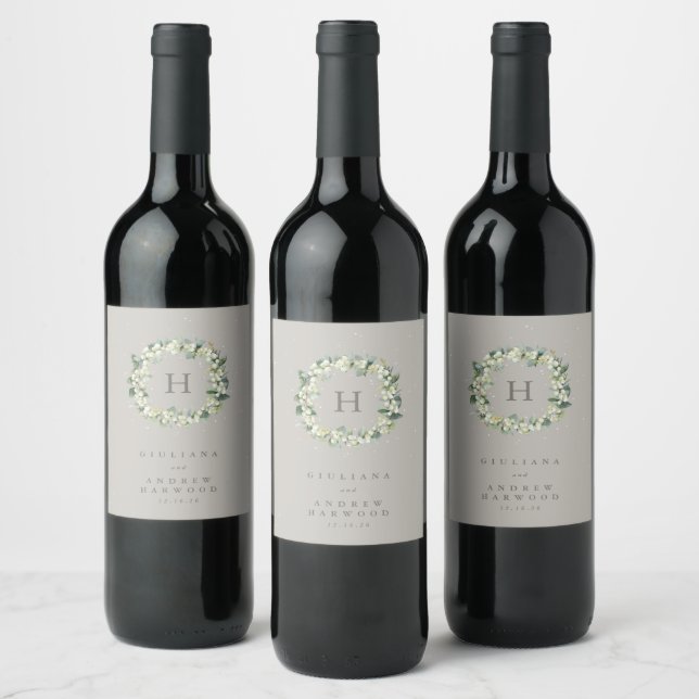Étiquette Pour Bouteilles De Vin Mariage d'hiver Greige Snowberry+Eucalyptus (Bouteilles)