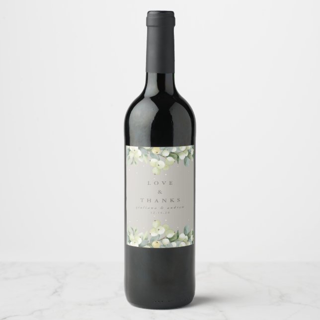 Étiquette Pour Bouteilles De Vin Mariage d'hiver Greige Snowberry+Eucalyptus (Devant)