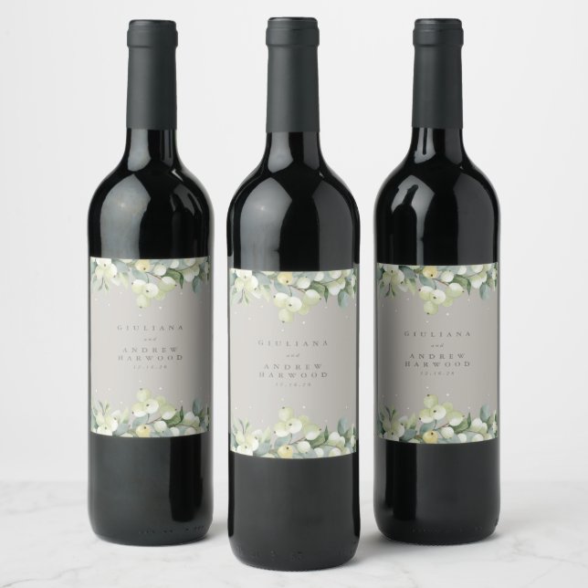 Étiquette Pour Bouteilles De Vin Mariage d'hiver Greige Snowberry+Eucalyptus (Bouteilles)
