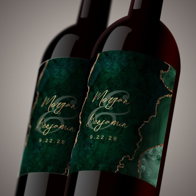 Étiquette Pour Bouteilles De Vin Mariage Écriture Or Agate Vert Émeraude (Créateur téléchargé)