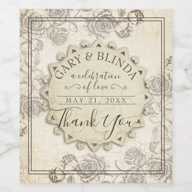 Étiquette Pour Bouteilles De Vin Mariage élégant de roses en papier vieilli favoris (Étiquettes simples)