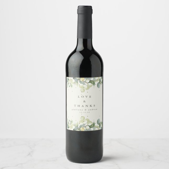 Étiquette Pour Bouteilles De Vin Mariage en hiver neige et eucalyptus crème (Devant)