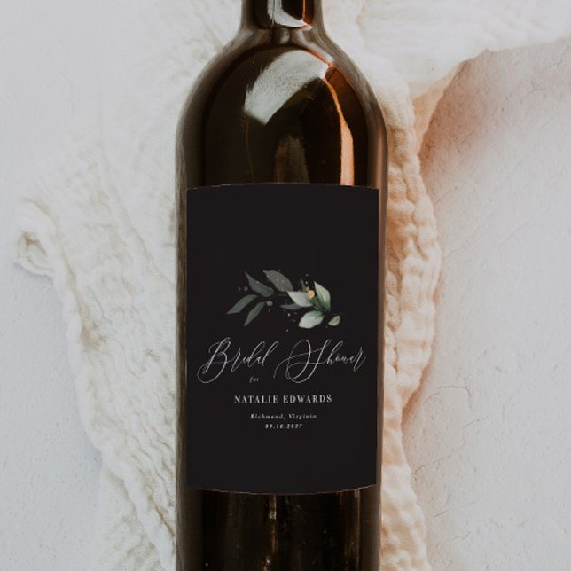 Étiquette Pour Bouteilles De Vin Mariage Eucalyptus noir or  (Créateur téléchargé)