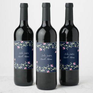 Étiquette Pour Bouteilles De Vin Mariage Fleur d'Hibiscus Rose Bleu Navy Poussiéreu
